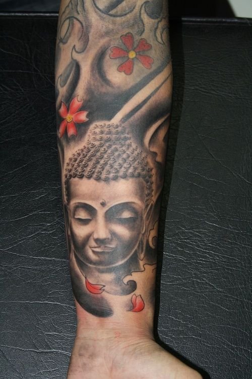 Left Forearm Grey Ink Buddha Tattoo