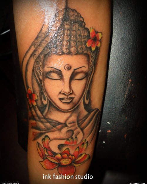 Amazing Flower And Buddha Tattoo On Sleeve