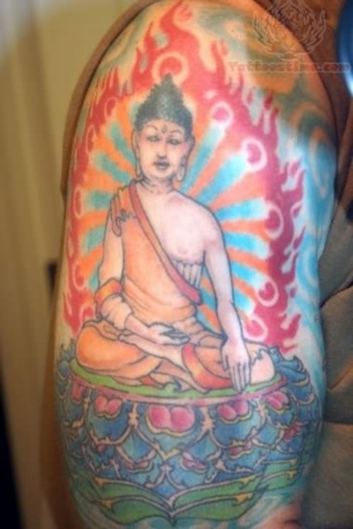 Buddhist Colorful Tattoo On Shoulder
