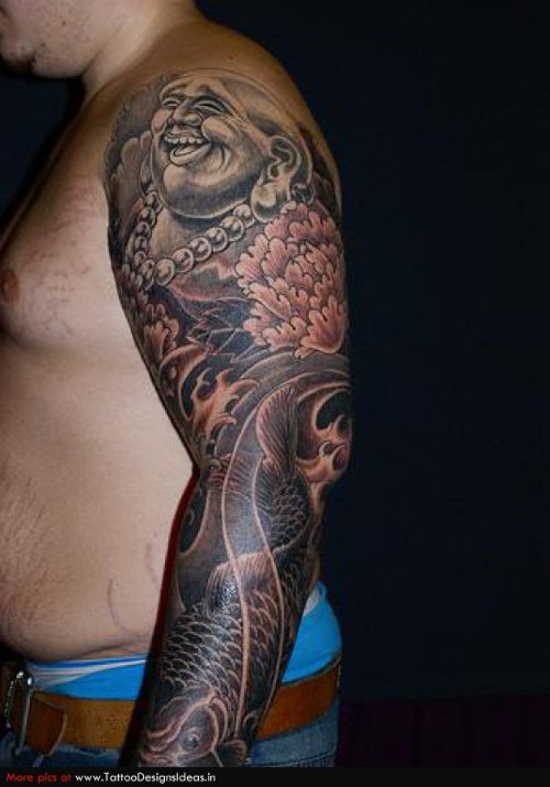 Man Left Sleeve Grey Ink Buddhist Tattoo
