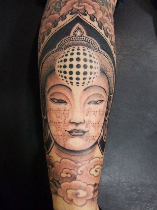 Grey Ink Sleeve Buddhist Tattoo