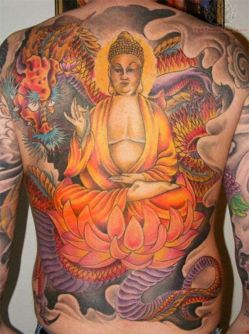 Back Piece Colorful Buddhist Tattoo
