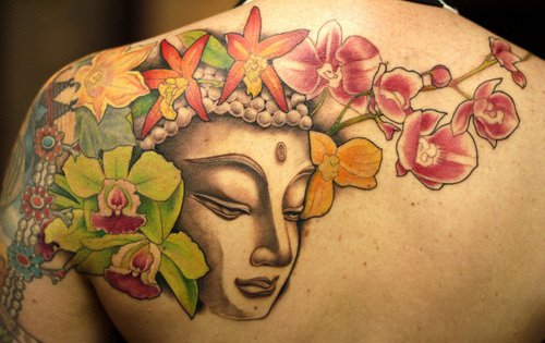 Color Flowers And Buddhist Tattoo on Upperback