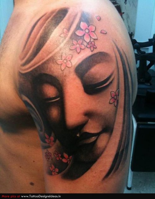 Grey Ink Buddhist Tattoo On Man Left Shoulder
