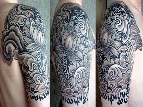 Grey Ink Buddhist Tattoo On Man Half Sleeve