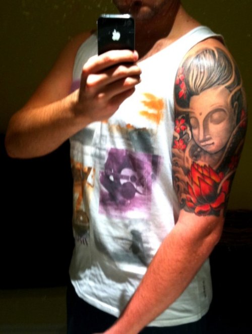 Attractive Color Ink Buddhist Tattoo On Man Left Sleeve