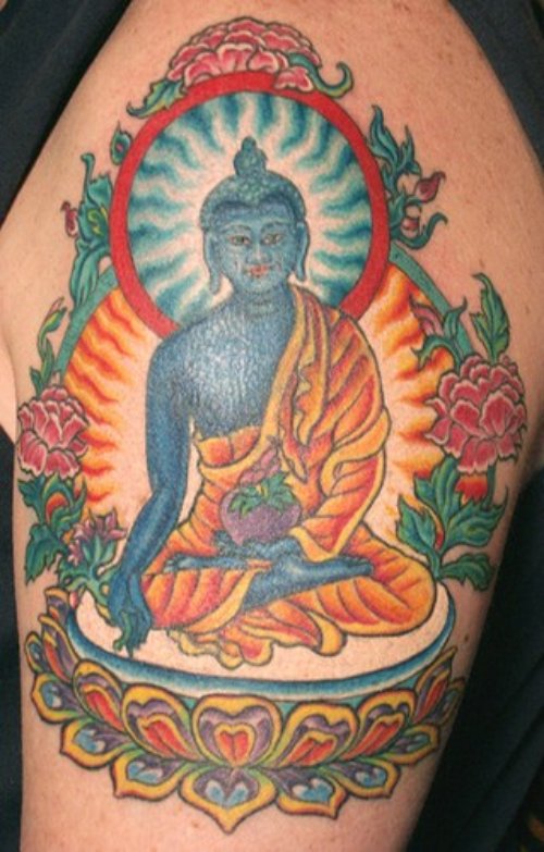 Colored Buddhist Tattoo On Left Shoulder