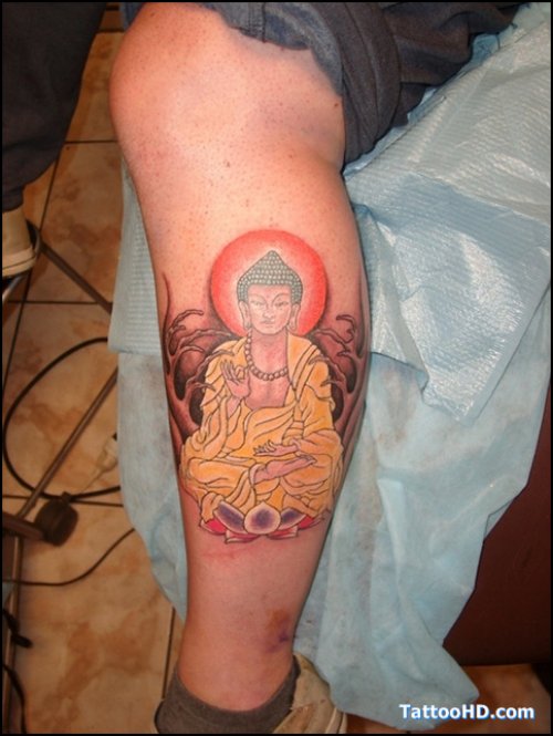 Left Leg Colored Buddhist Tattoo For Men