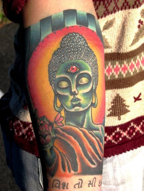 Color Ink Buddhist Tattoo On Forearm