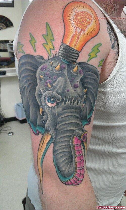 Elephant And Bulb Tattoo On Shoulder
