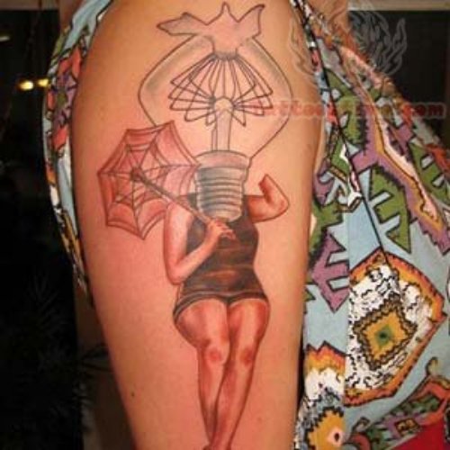 Pin Up Girl With Bulb Tattoo On Sleeve