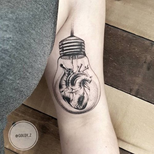 Dot work Heart In Bulb Tattoo On Bicep