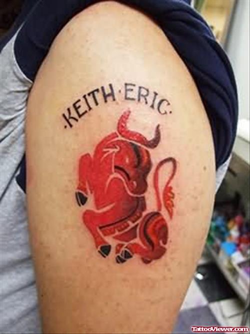 Bull Red Tattoo On Shoulder