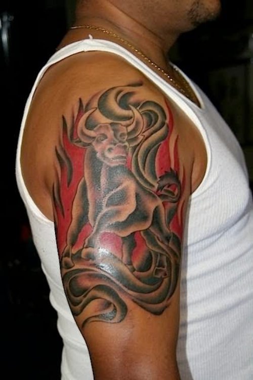 Raging Red And Black Bull Tattoo