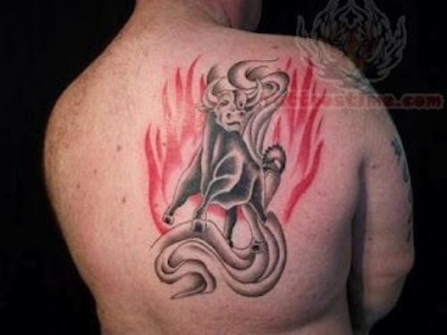 Angry Bull Tattoo On Back Shoulder