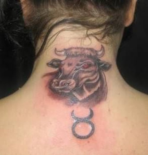 Bull Head Tattoo on Back Neck
