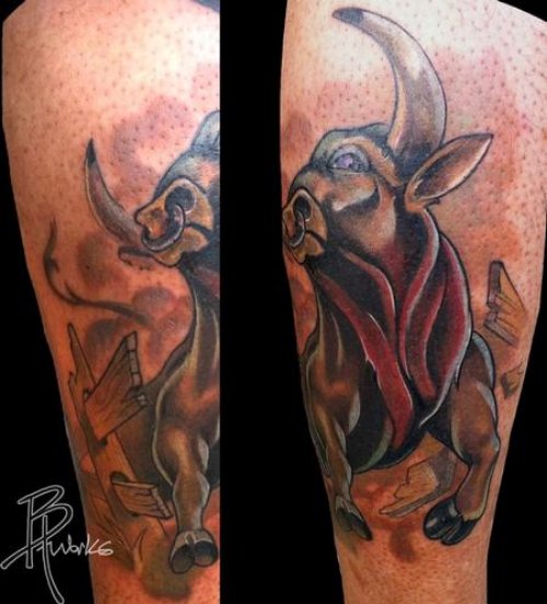 Colored Agressive Bull Tattoo