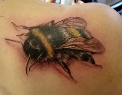 Lovely Bumblebee Tattoo On Right Back Shoulder
