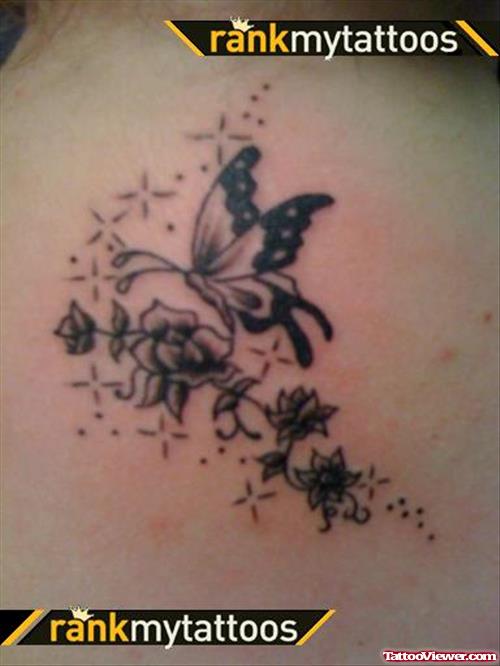 Grey Ink Flower And Butterfly Tattooo