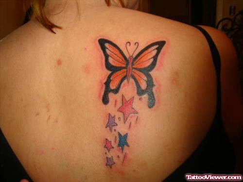 Colored Stars And Butterfly Tattoo On Right Back Shoulder