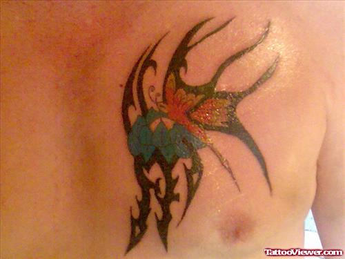 Colored Butterfly Tattoo On Man Chest