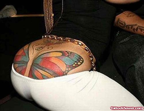 Colored Butterfly Tattoo On Girl Lowerback