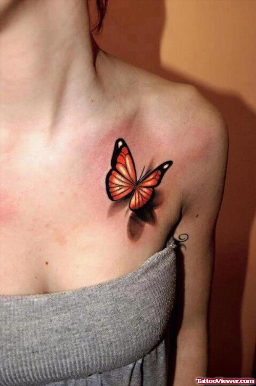 3D Butterfly Tattoo On Girl Collarbone