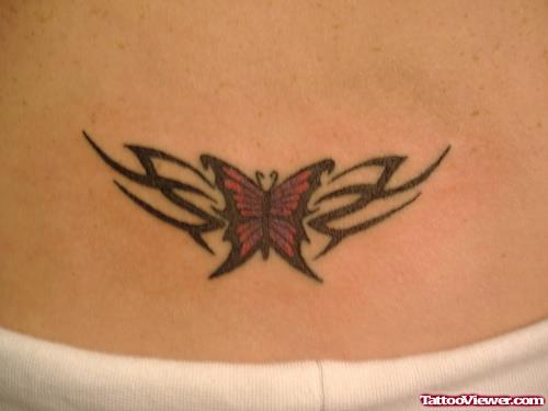 Tribal And Red Butterfly Tattoo On Lowerback