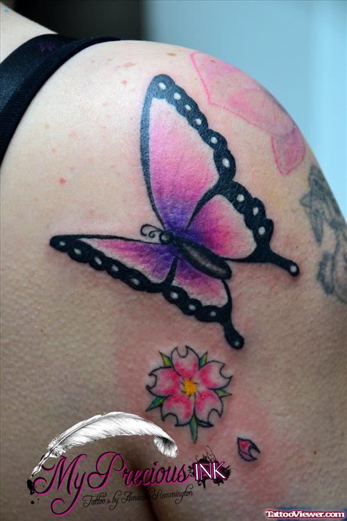 Left Shoulder Pink Butterfly Tattoo