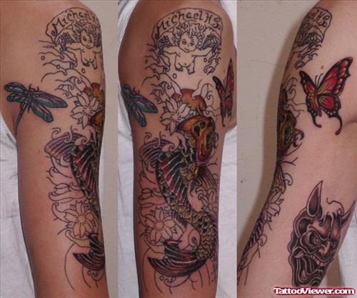 Colored Butterfly, Koi And Demon Tattoo On Half Sleeve