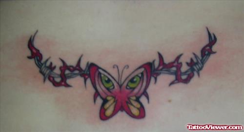 Colored Barbed Wire And Butterfly Tattoo On Lowerback