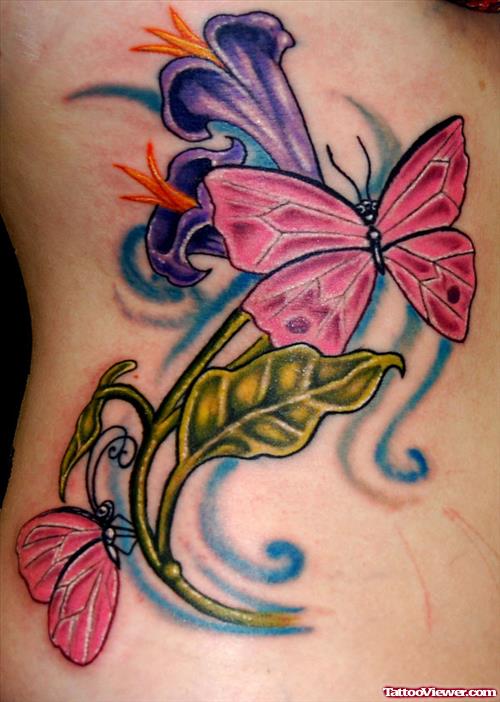 Purple Flower And Pink Butterfly Tattoos