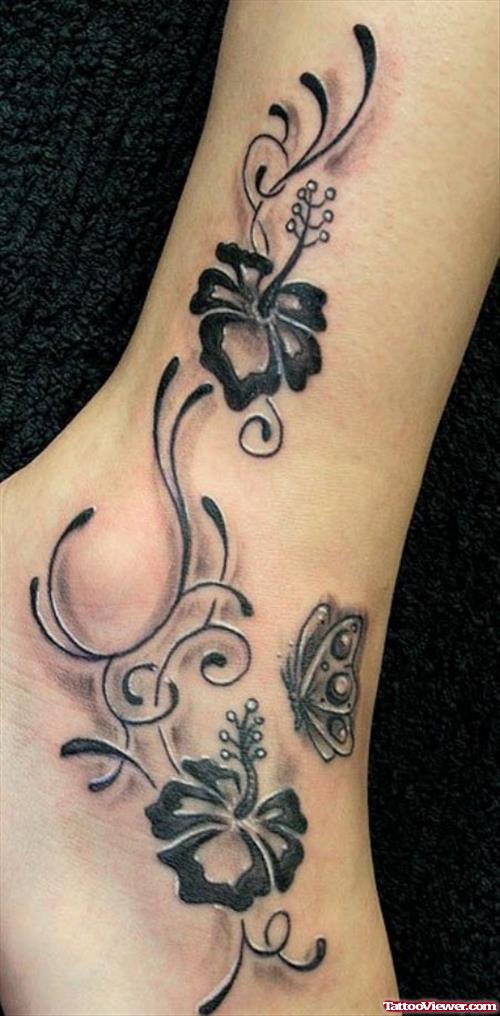 Lily Flower And Butterfly Tattoo On Ankle
