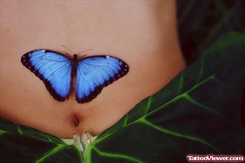 Blue Ink Butterfly Tattoo On Belly