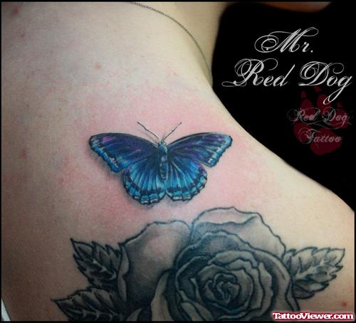 Black Rose And Blue Ink Butterfly Tattoo On Right  Back Shoulder