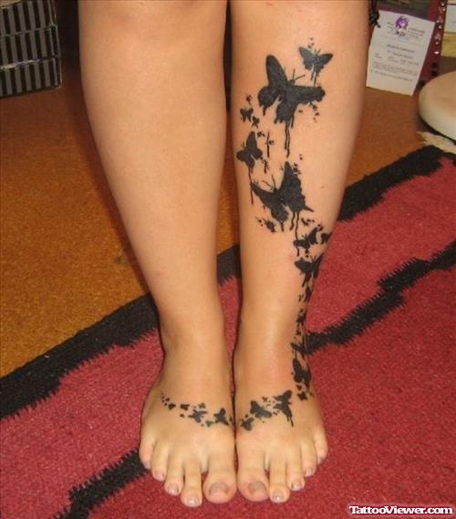 Black Butterflies Flying Tattoos on Foot And Leg