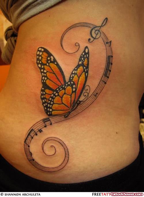 Awesome Colored Butterfly And Music Notes Tattoos On Side Rib