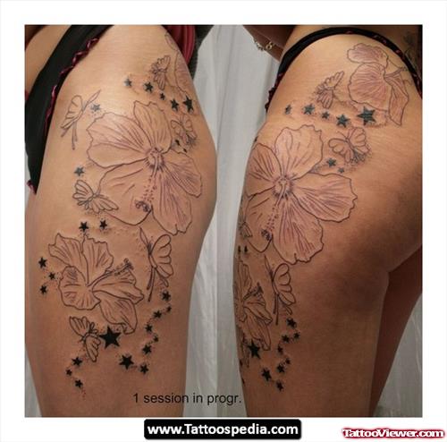Grey Lily Flower And Butterfly Tattoo On Leg