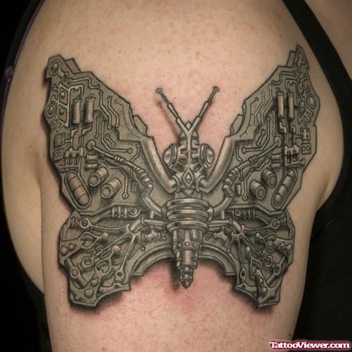 Grey Ink 3D Butterfly Tattoo On Right Shoulder