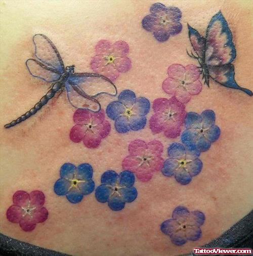 Colored Flowers Dragonfly And Butterfly Tattoo