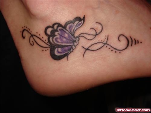 Purple Ink Butterfly Tattoo On Heel