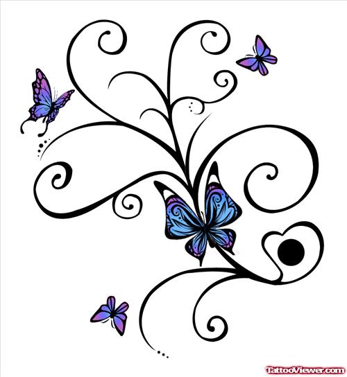 Tribal And Flying Butterflies Tattoo Design