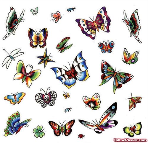 Colored Ink Butterflies Tattoos Designs