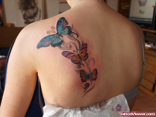 Left Back SHoulder Colored Butterfly Tattoos For Girls