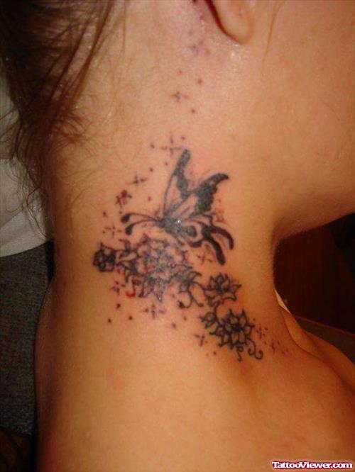 Grey Flowers And Butterfly Tattoo On Side Neck