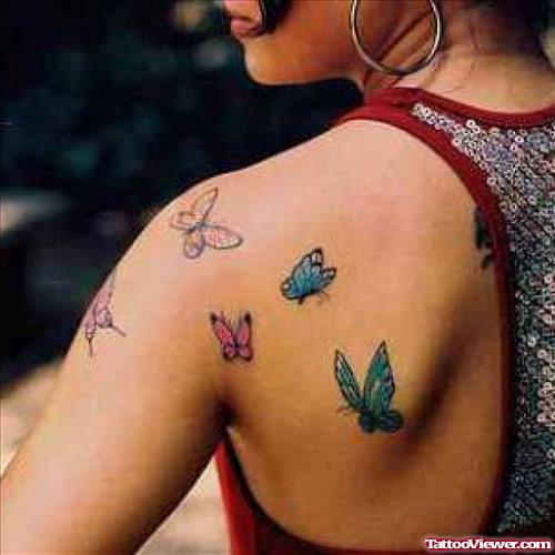 Colored Butterfly Tattoos On Left Back Shoulder
