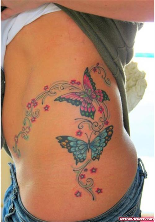 Colored Butterfly Tattoo On Side Rib