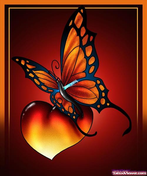 Butterfly With Heart Colored Tattoo Design