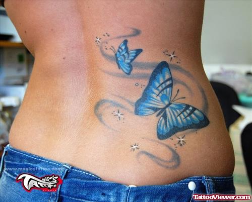Blue Butterflies Tattoos On Lowerback