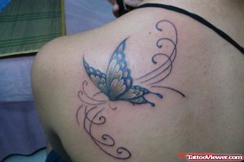 Attractive Left Back Shoulder Butterfly Tattoo For Girls